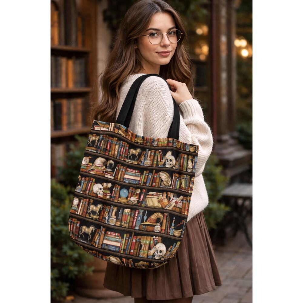 Dark Academia Library Tote Bag Goth Book Lover Wizard Fantasy Bookshelf Skull